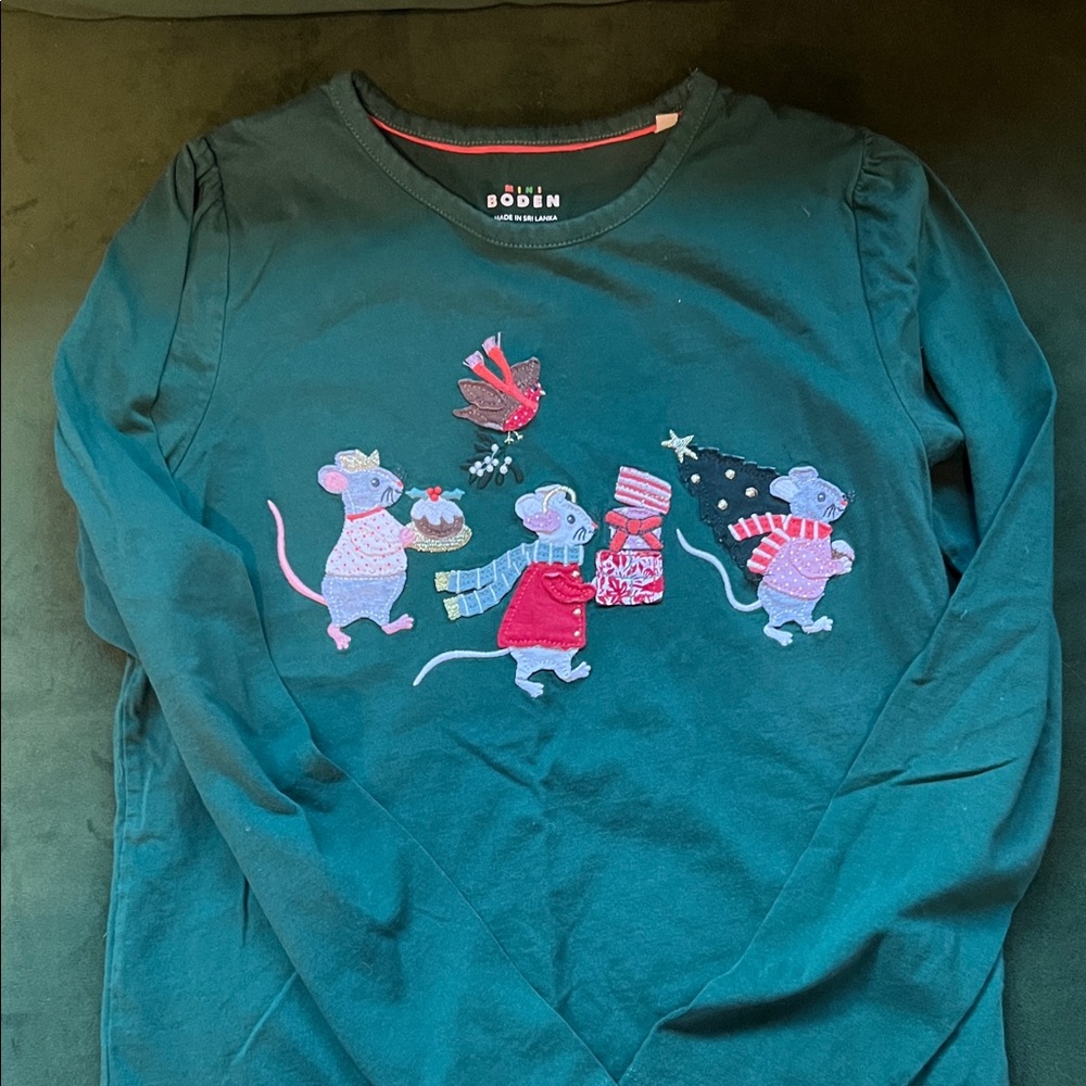 Mini Boden Green Long Sleeve Shirt with Festive Mice